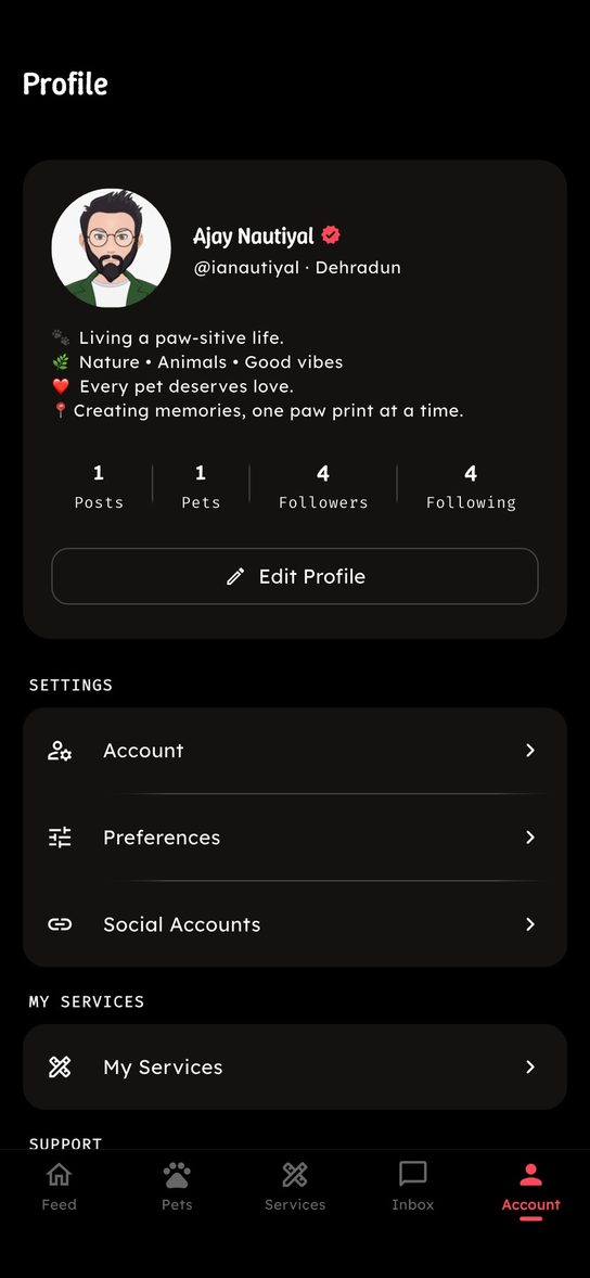 Petsmate app account screen with profile details and settings