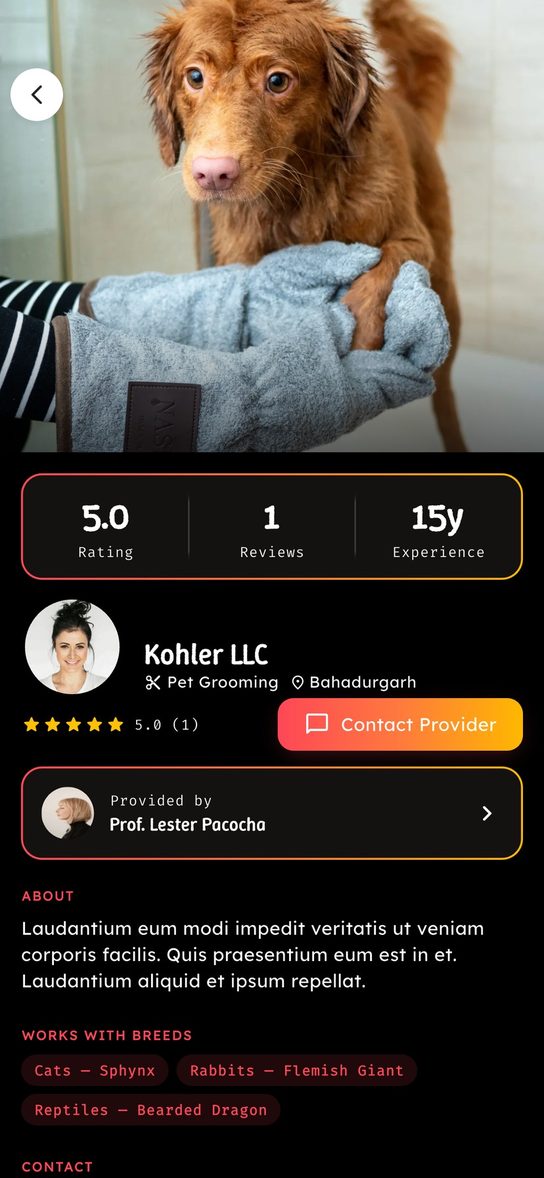 Petsmate app pet grooming service profile with ratings and reviews