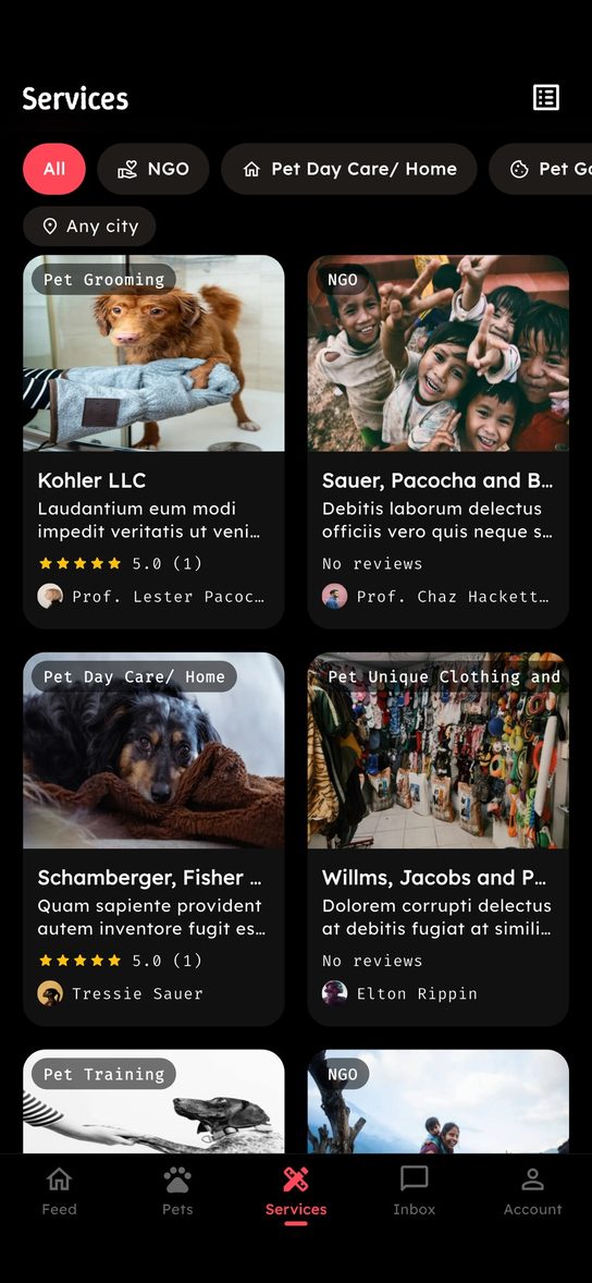 Petsmate app pet services directory filtered by category