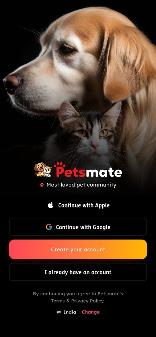 Petsmate app welcome screen with Apple, Google and email sign-up